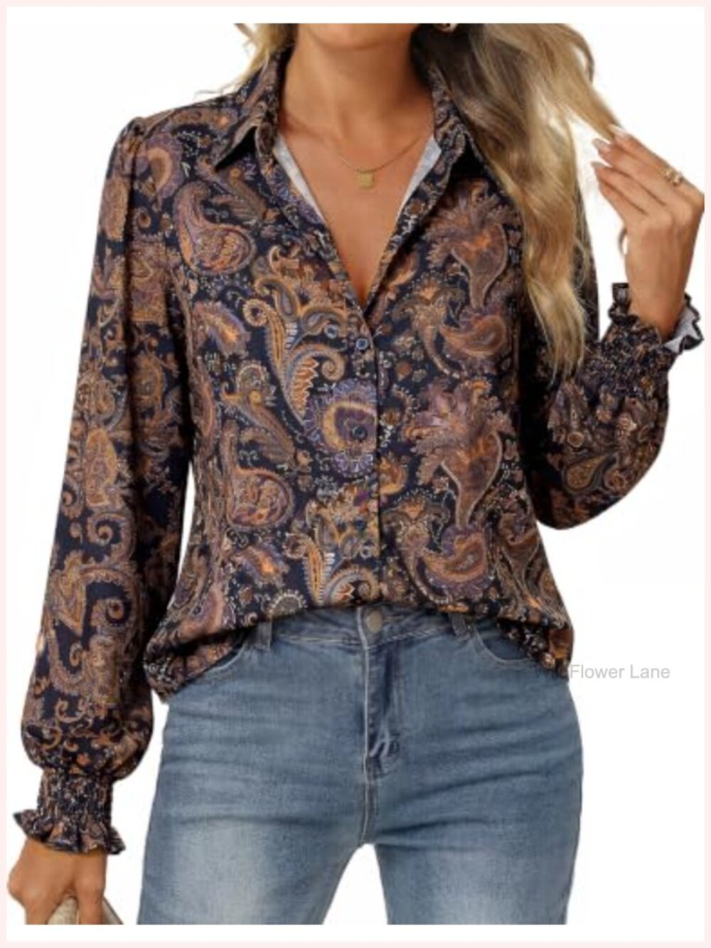 Boho Floral Button Down Blouse Long Sleeve Ruffled Cuff Lightweight Polyester